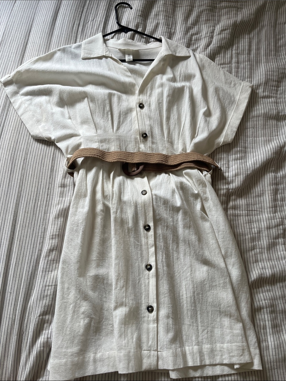 H&M White Button-Front Midi Shirt Dress with Tan Belt Linen Blend